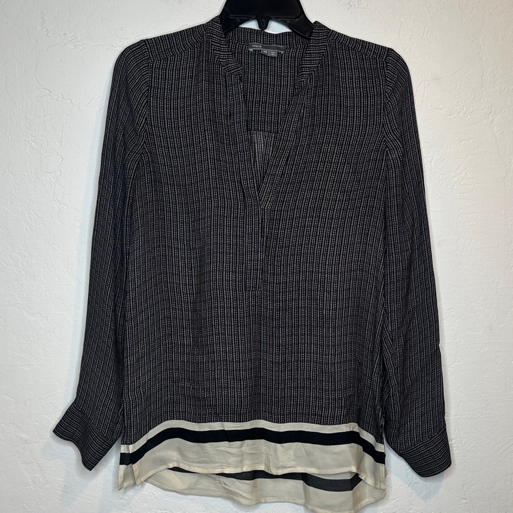 Vince Black and Cream‎ Striped 100% Silk Blouse Size XS